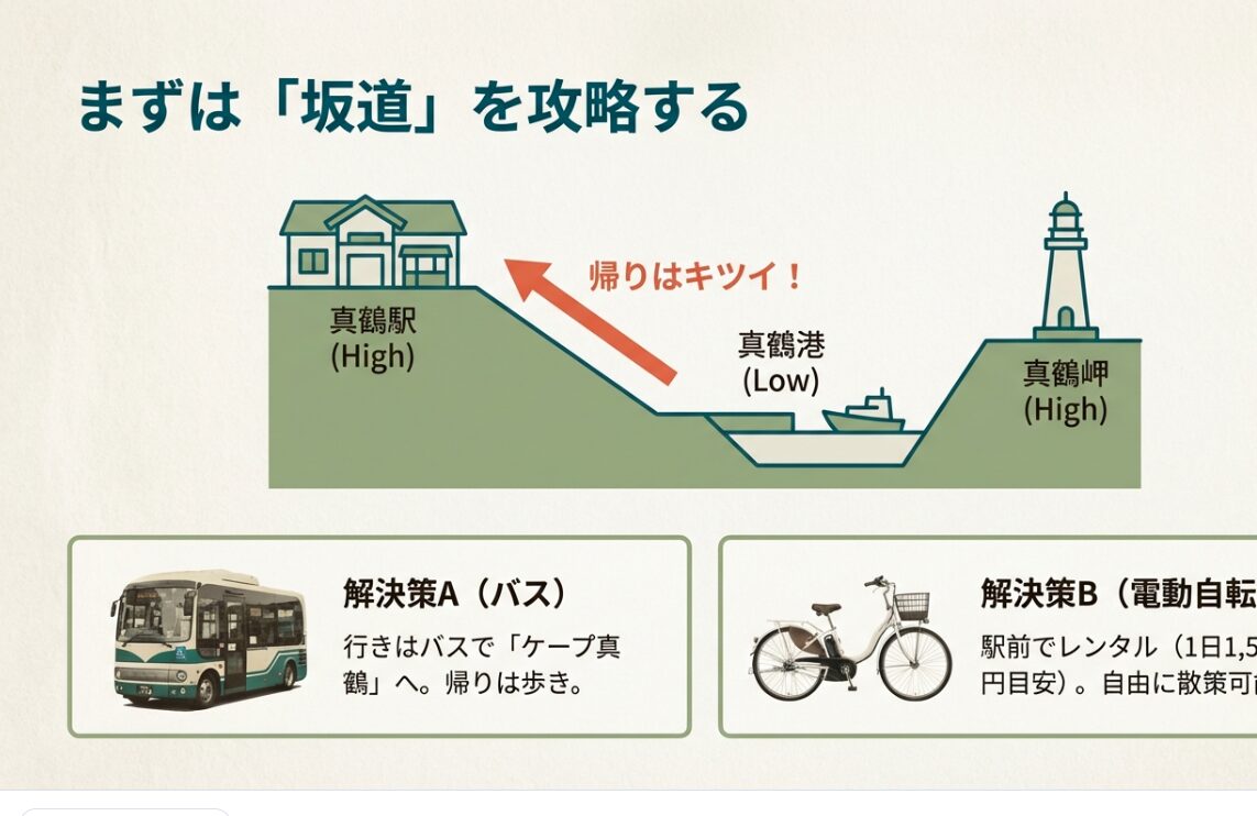 真鶴駅と岬が高台にあり、港が低地にある高低差を図解。バスで岬まで行き歩いて戻るルートや、電動自転車の活用を推奨する内容