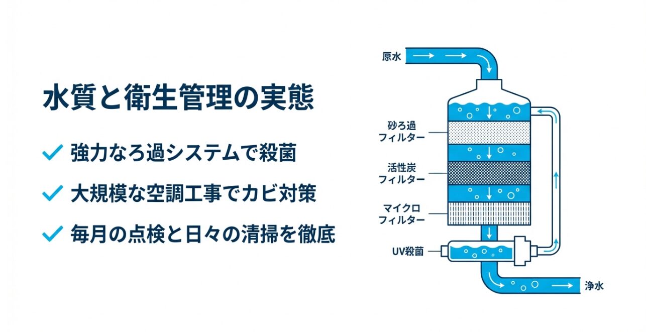 砂ろ過、活性炭、マイクロフィルター、UV殺菌を組み合わせた鶴見緑地プールの高度な浄水システム図。