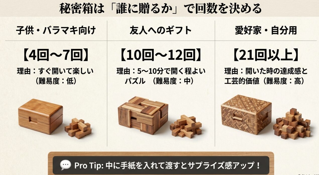 秘密箱の回数ガイド。子供向けは4〜7回、友人向けは10〜12回、愛好家向けは21回以上を推奨。