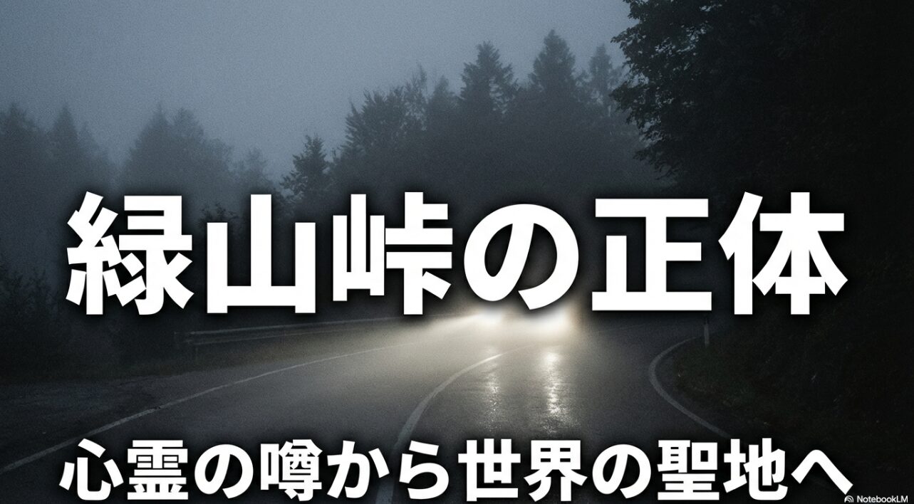 緑山峠の正体を解説するスライド。「心霊の噂から世界の聖地へ」というタイトルが記載されている