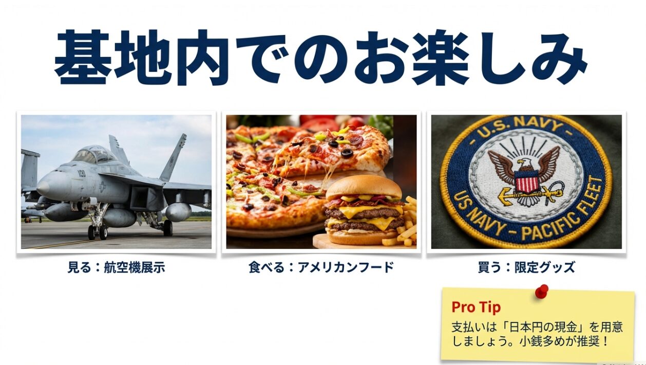 航空機展示、アメリカンフード、限定グッズの紹介。支払いは日本円の現金、特に小銭を推奨するプロチップ。