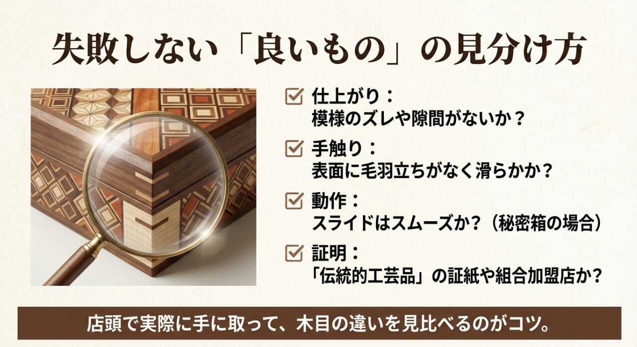 良い寄木細工の見分け方。模様のズレがないか、手触りが滑らかか、伝統的工芸品の証紙があるかを確認。