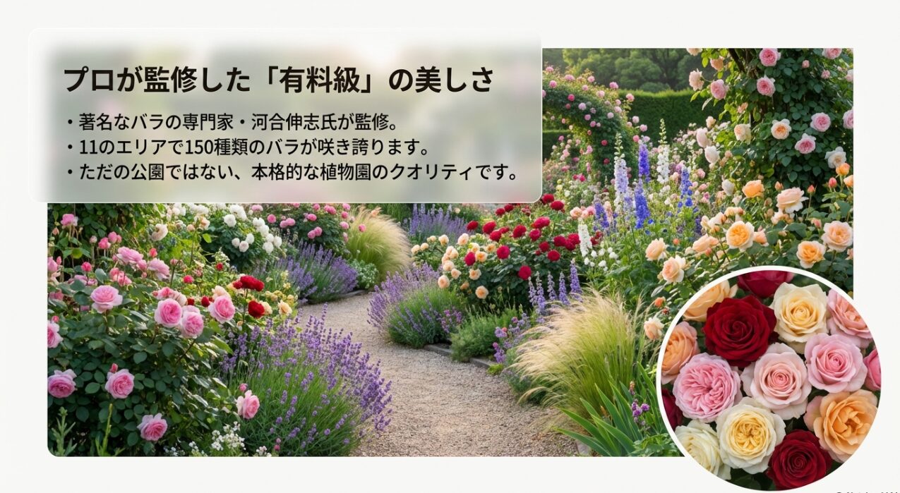 著名なバラ専門家・河合伸志氏が監修し、11のエリアで150種類のバラが楽しめる本格的なクオリティを説明する資料。
