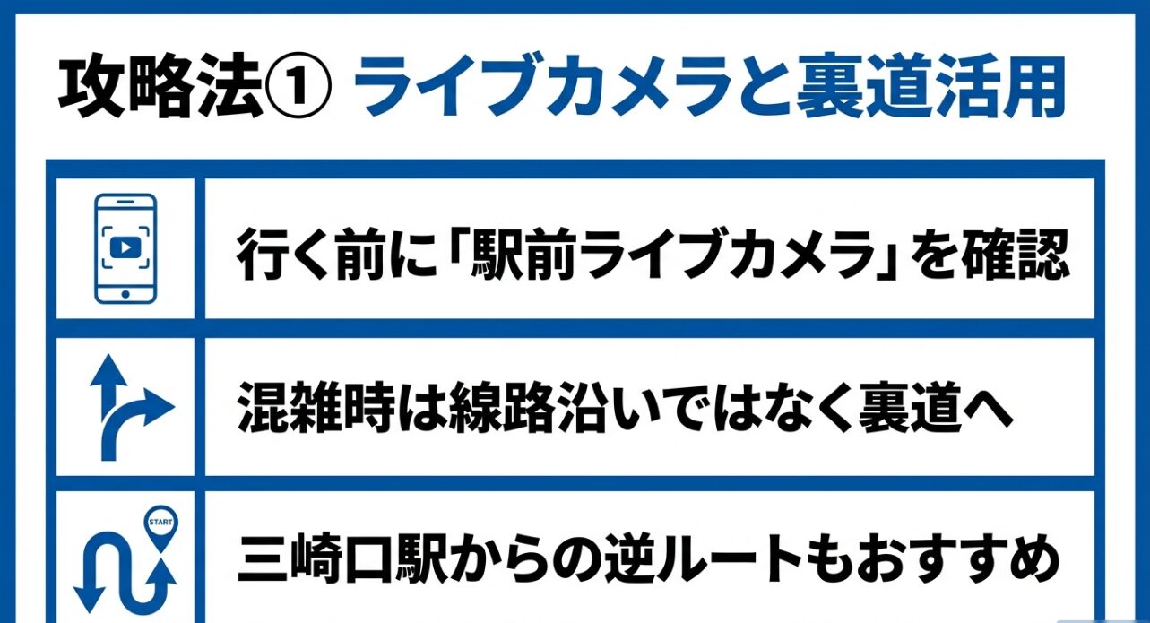 行く前に駅前ライブカメラを確認することや、混雑時に裏道を利用すること、三崎口駅からの逆ルートを推奨する攻略スライド。