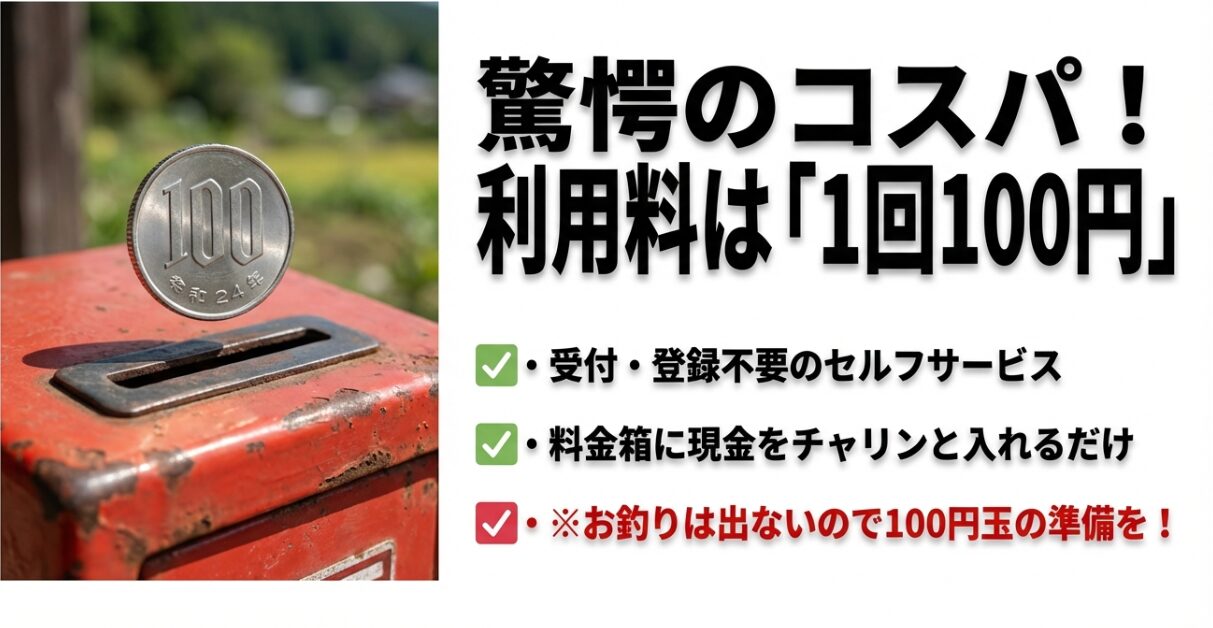 赤い料金箱に100円玉を入れる様子と「1回100円・受付不要」の解説