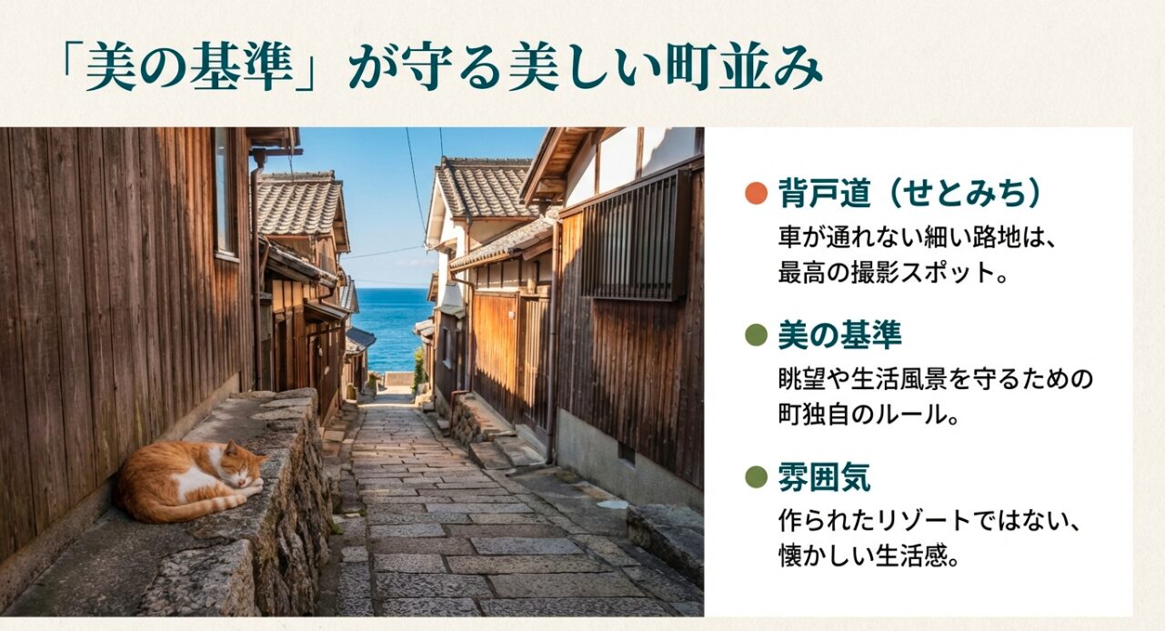 車が通れない細い路地「背戸道」の写真と、生活風景を守るための独自ルール「美の基準」を紹介。懐かしい生活感を伝えるスライド
