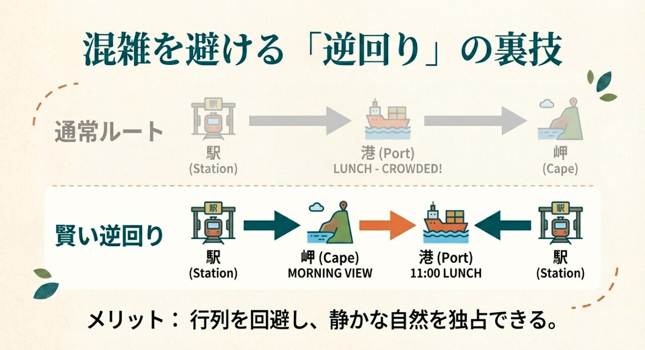 常ルートとは逆に、朝に岬へ行き、11時にランチを済ませる「逆回り」の裏技を紹