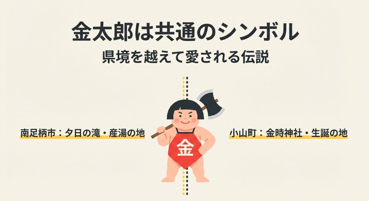 金太郎のイラストとともに、南足柄市と小山町それぞれにある金太郎ゆかりの地を紹介するスライド。