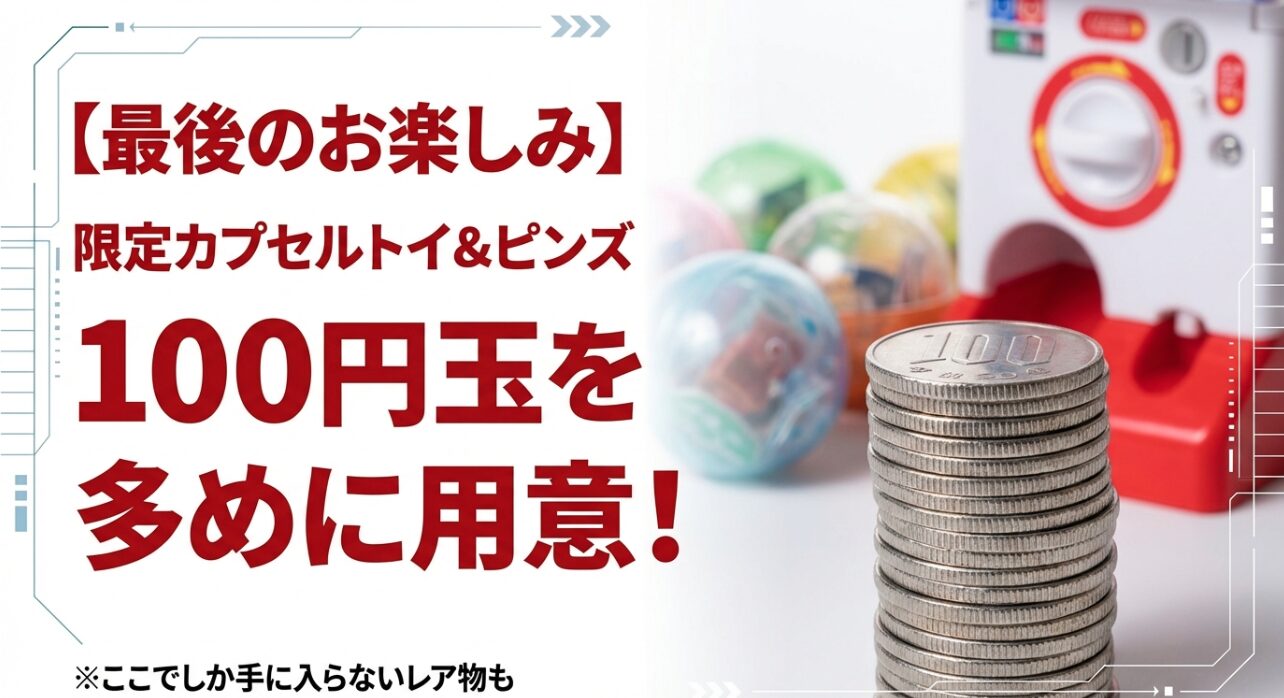 限定カプセルトイとピンズの案内。100円玉を多めに用意するアドバイス