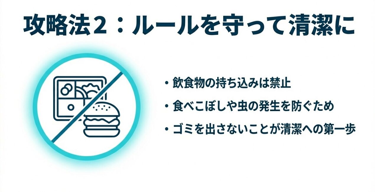 飲食物の持ち込み禁止ルールが、食べこぼしや虫の発生を防ぎ清潔な環境を守るために必要であることを説明するスライド。