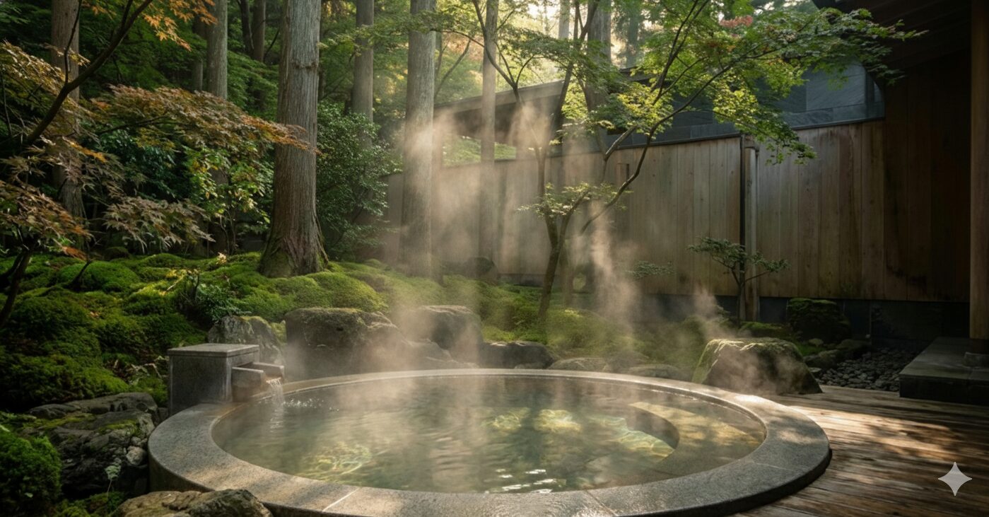 深い森の中に佇む、円形の石造り露天風呂。周囲には青々とした苔と木々が広がり、柔らかな木漏れ日が差し込む中、湯船から幻想的な湯気が立ち上っている