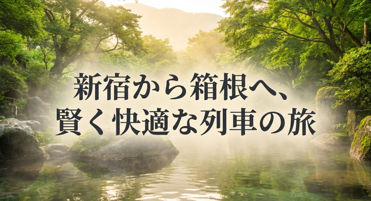 「新宿から箱根へ、賢く快適な列車の旅」と題された、特急ロマンスカーの旅の表紙スライド。