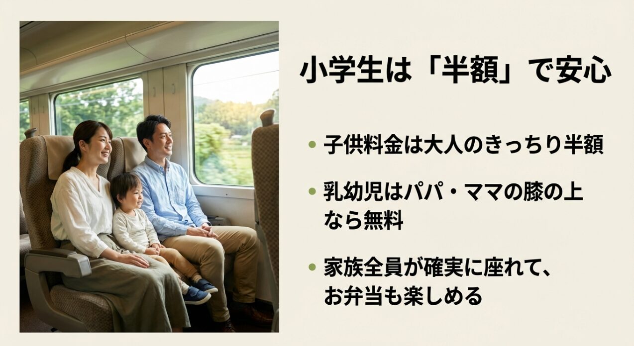 小学生は大人料金の半額、乳幼児は膝上なら無料という子供料金の仕組みと、家族旅行での快適さを伝えるスライド。