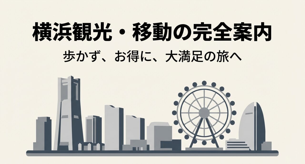 横浜の街並みと大観覧車のイラスト。横浜観光・移動の完全案内。