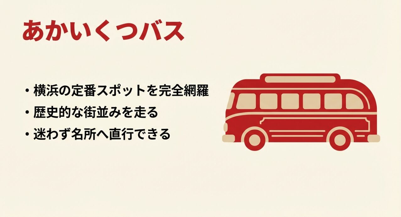 赤いレトロなバス「あかいくつ」の特徴。定番スポットの網羅と歴史的な街並みの走行についての紹介。
