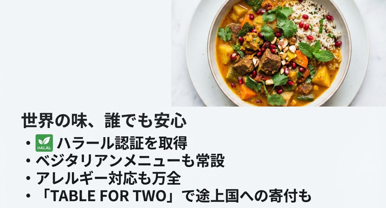 ハラール認証、ベジタリアンメニュー、アレルギー対応、寄付活動に関する紹介