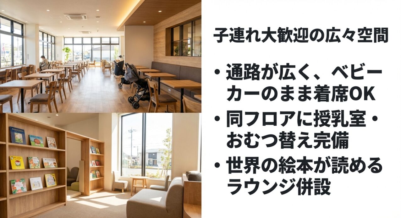 ベビーカー利用、授乳室、おむつ替え完備、世界の絵本ラウンジの紹介