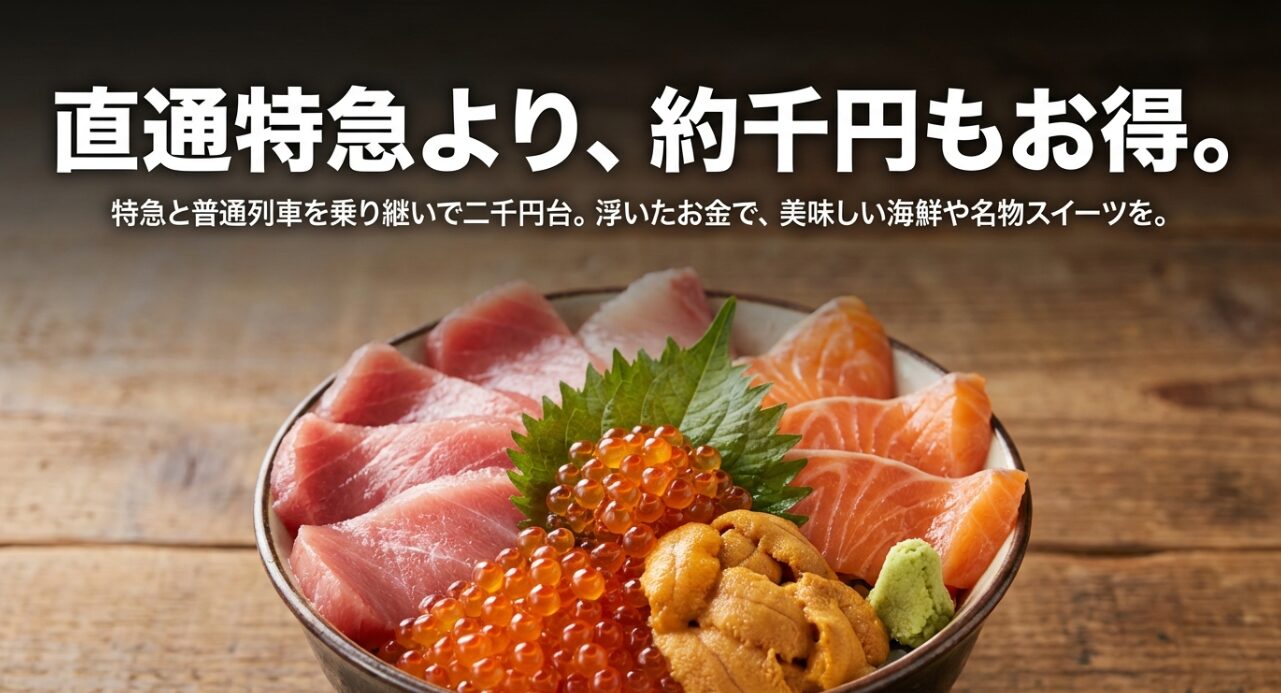 豪華な海鮮丼の画像。直通特急より約千円お得で、浮いたお金でグルメを楽しめる解説。
