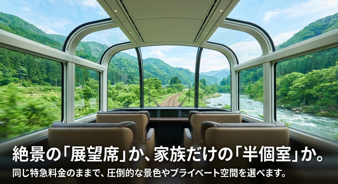 絶景の展望席と家族向けの半個室（サルーン）の選択肢についての案内。