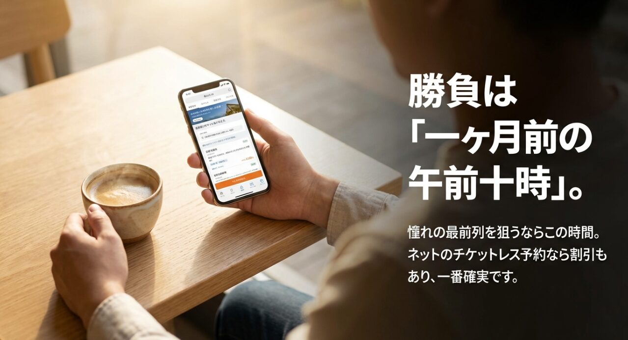 予約の勝負は1ヶ月前の午前10時。ネットのチケットレス予約が確実であることの解説。