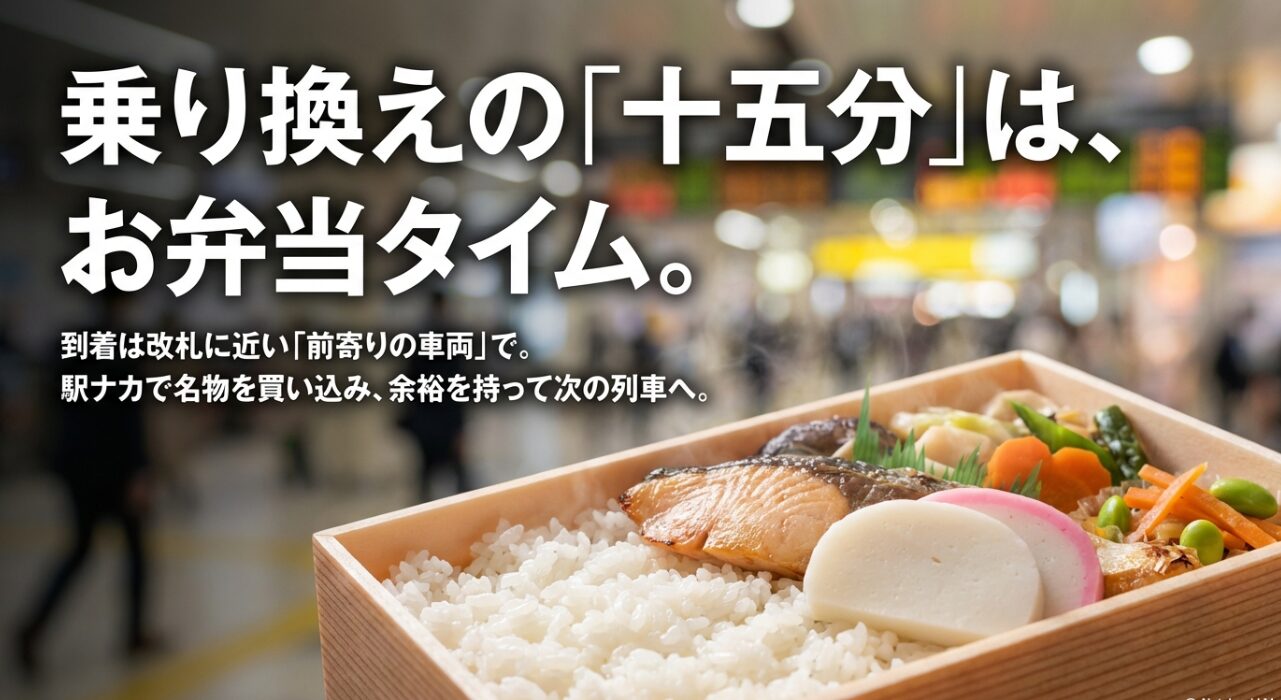 乗り換えの15分を駅弁タイムにする提案と、前寄りの車両に乗るコツの紹介。