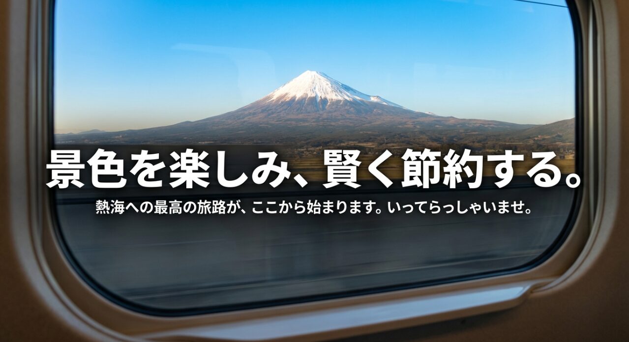 景色を楽しみ賢く節約する、熱海への最高の旅路の始まりを告げる結びのスライド。