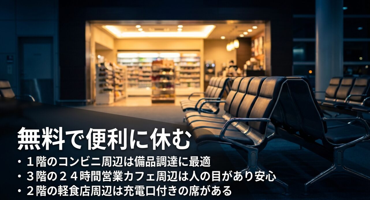 1階コンビニ周辺、3階24時間カフェ、2階の充電口付き席がある軽食店周辺など、利便性の高い休憩スポットの紹介。