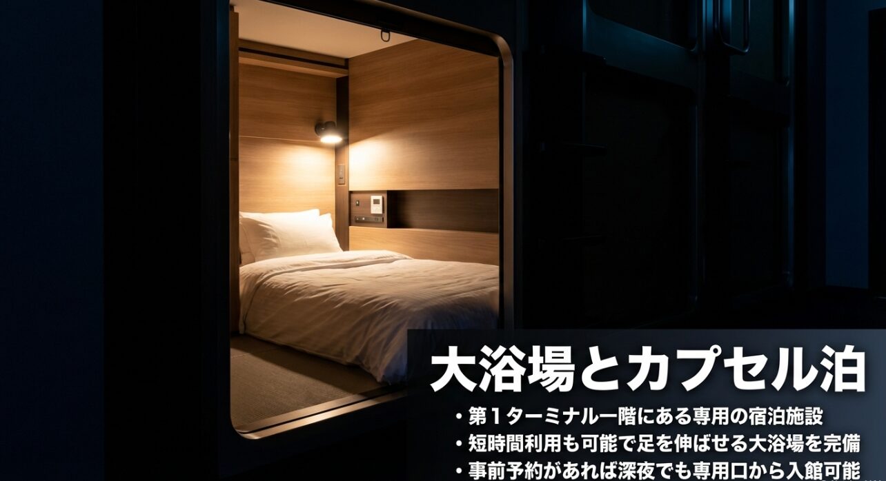 第1ターミナル1階にある宿泊施設、大浴場の完備、短時間利用や深夜の専用口入館に関する案内。