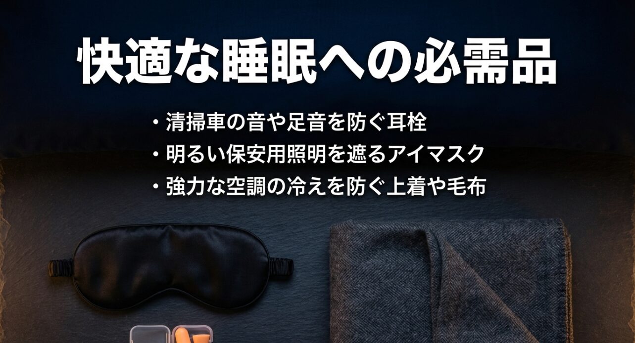 騒音を防ぐ耳栓、明るさを遮るアイマスク、空調の冷えを防ぐ上着や毛布の重要性。