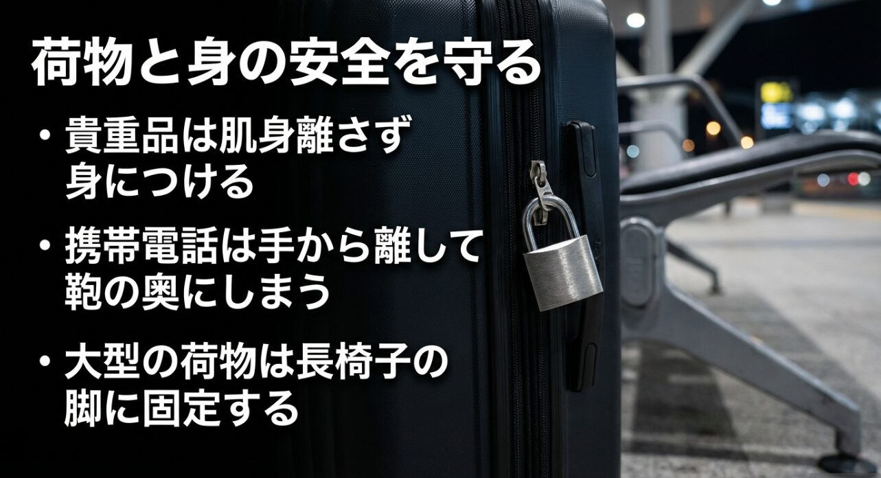 貴重品の携行、携帯電話の保管方法、大型荷物をベンチの脚に固定するなどの安全対策。