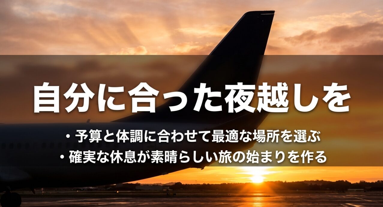 自分の予算や体調に合わせて最適な場所を選び、確実な休息で素晴らしい旅を始めるためのまとめ。