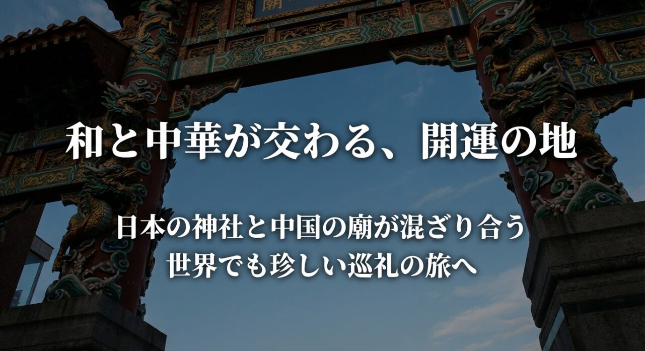 日本の神社と中国の廟が混ざり合う、世界でも珍しい横浜中華街の巡礼の旅を紹介するスライド。