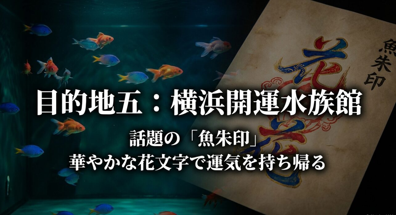 話題の魚朱印と華やかな花文字で運気を持ち帰る横浜開運水族館の紹介スライド。
