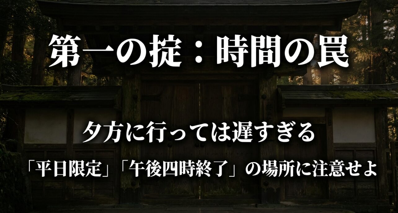 平日限定や午後4時終了の場所に注意し、夕方では遅すぎることを警告するスライド。