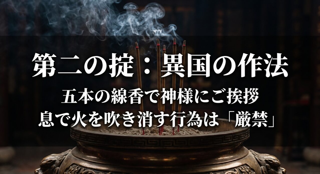 五本の線香での参拝方法と、息で火を吹き消す行為が厳禁であることを説明するスライド。