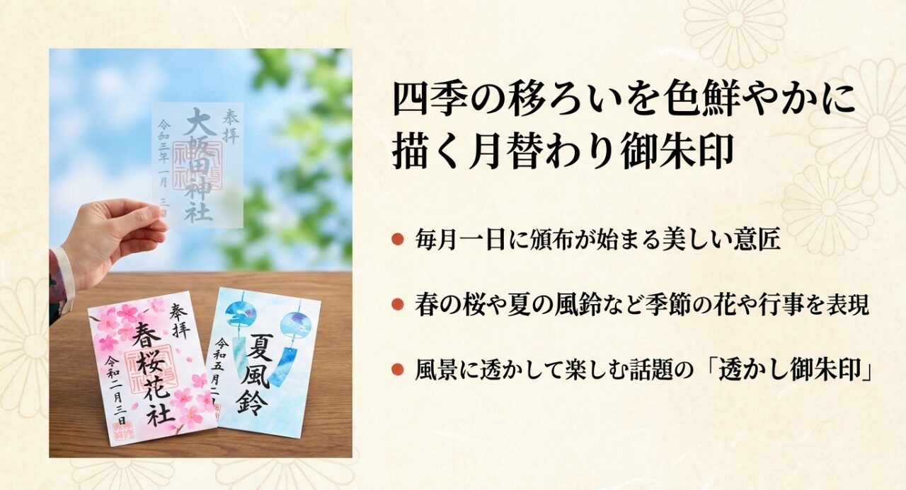 代替テキスト: 毎月1日から頒布される月替わり御朱印。春の桜や夏の風鈴など季節の風景を映した美しい意匠と透かし御朱印。