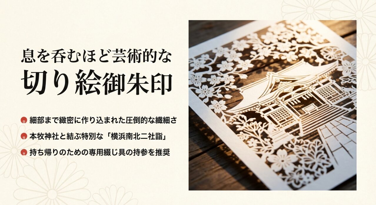 緻密な切り絵御朱印のサンプル。本牧神社と結ぶ「横浜南北二社詣」の特別なデザインと専用綴じ具の推奨