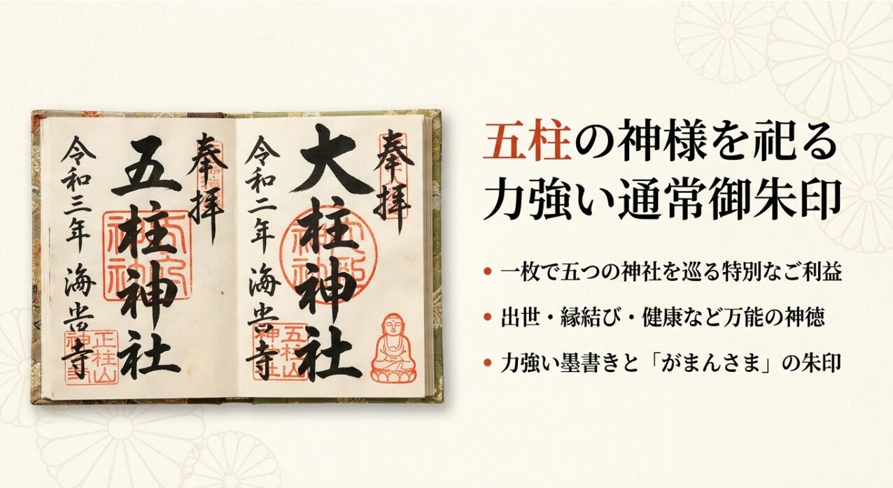 誉田別命など五柱の神様を祀る通常御朱印。力強い墨書きとがまんさまの朱印が特徴。
