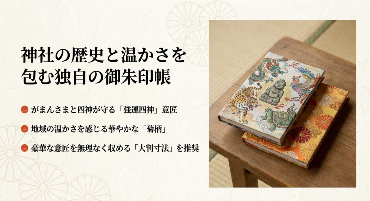 代替テキスト: 強運四神が描かれた御朱印帳と、華やかな菊柄の御朱印帳。大判サイズの推奨案内。