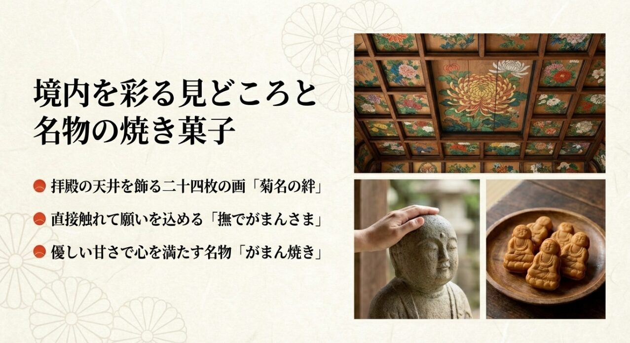 境内の撫でがまんさまと、名物の焼き菓子「がまん焼き」。天井画「菊名の絆」の紹介。