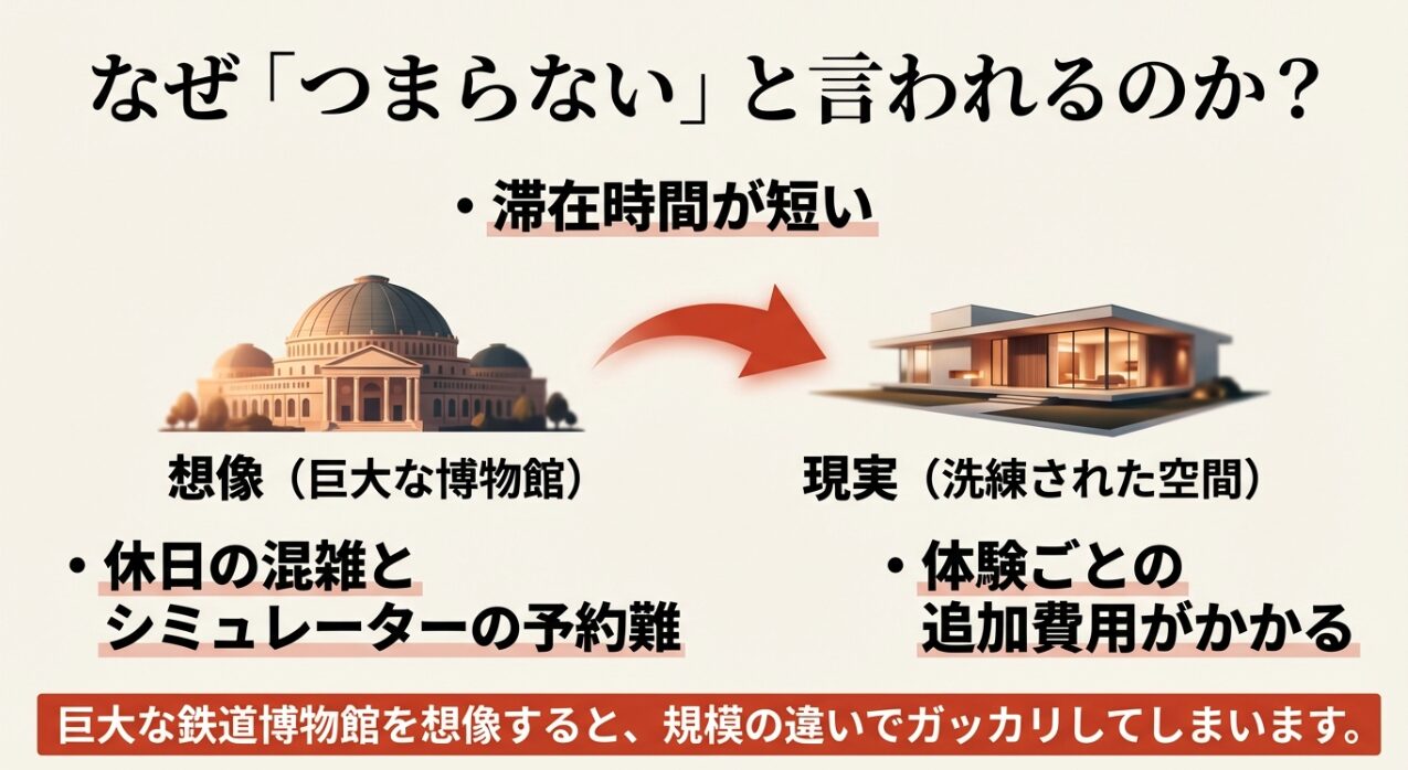 巨大な鉄道博物館を想像する「理想」と、洗練された空間である「現実」のギャップ、および滞在時間の短さや追加費用などの不満要因をまとめた図解スライド。
