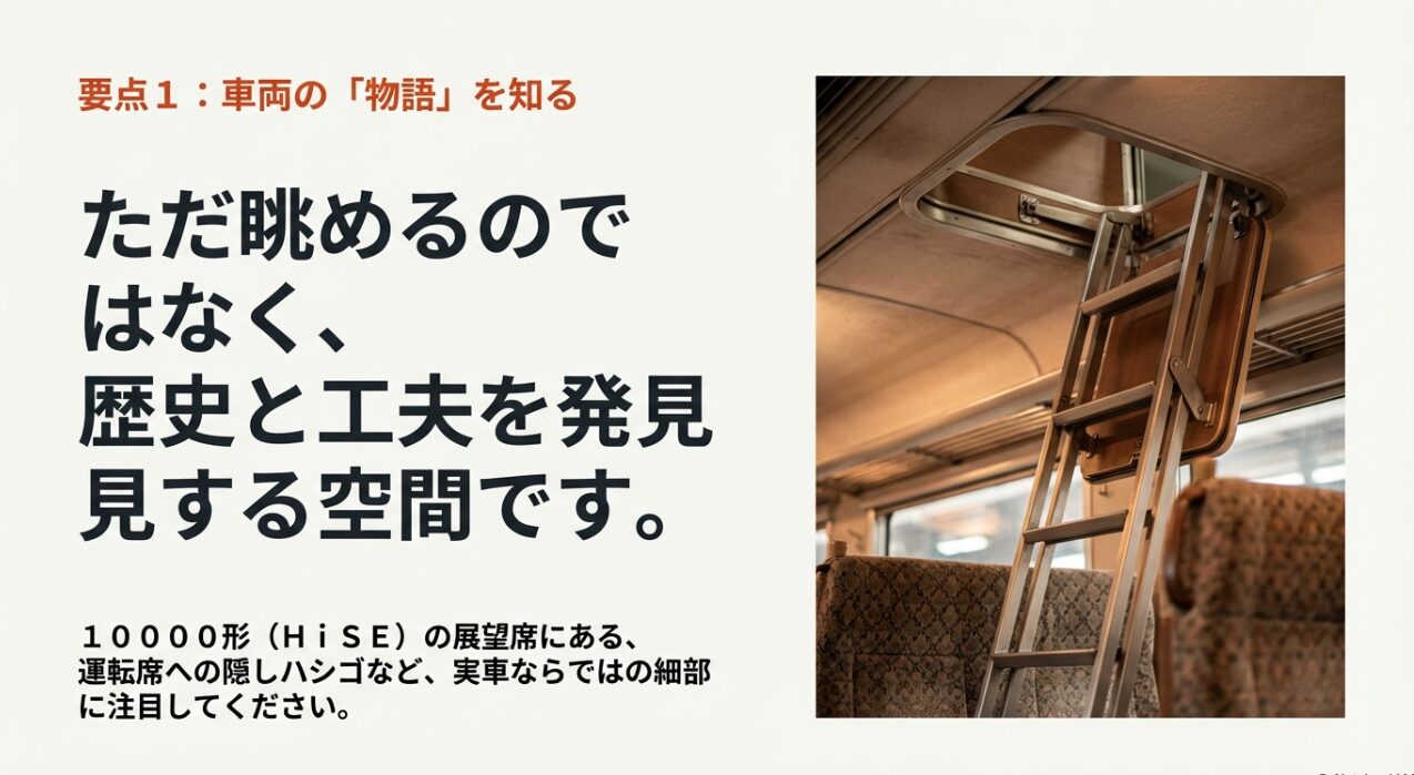 ロマンスカー10000形（HiSE）の展望席にある運転席への隠しハシゴの写真。車両の歴史と工夫を発見する楽しみ方を提案するスライド。 