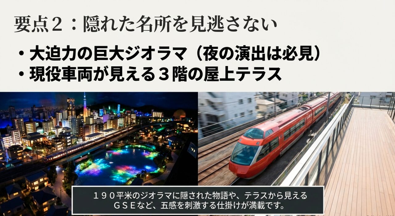 190平米の巨大ジオラマと3階の屋上テラスを紹介。五感を刺激する仕掛けが満載であることを伝えるスライド。