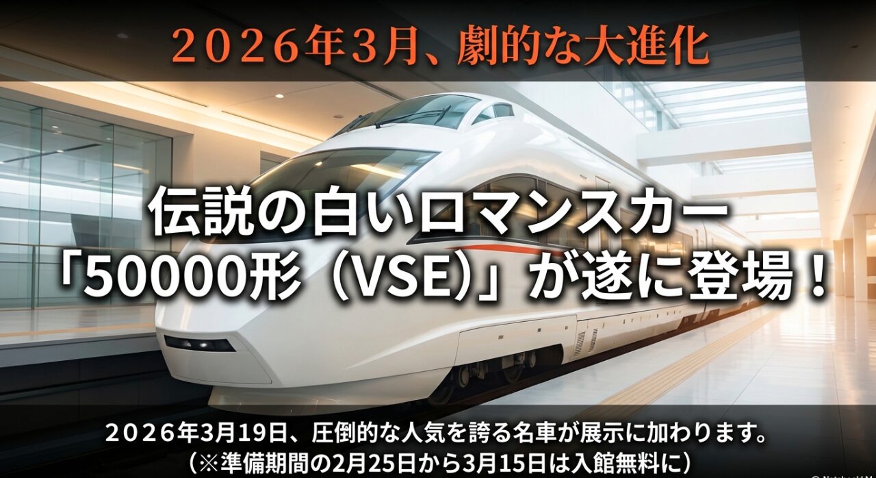026年3月19日から伝説の白いロマンスカーVSEが展示に加わることを知らせる告知スライド。準備期間中の入館無料についても言及。