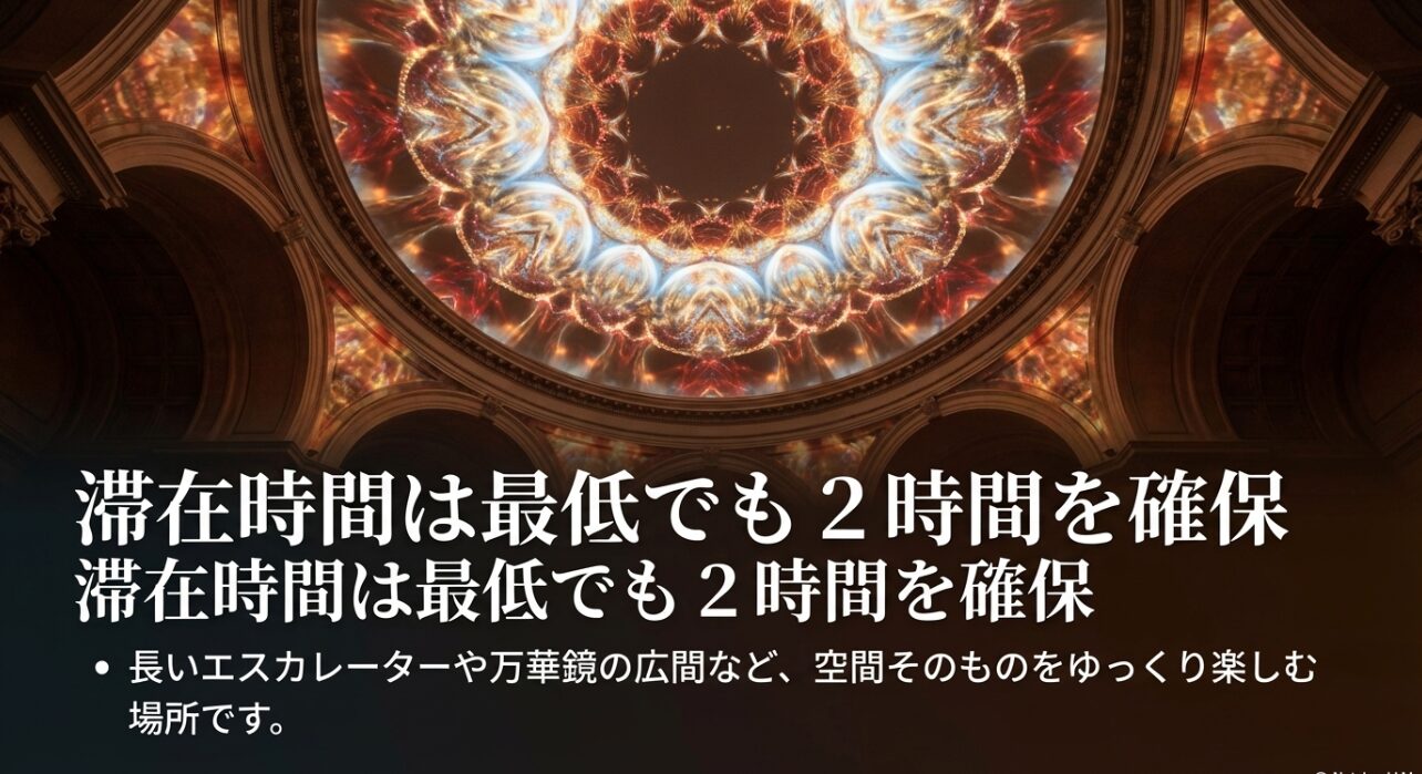 長いエスカレーターや広大な敷地を考慮し、滞在時間を最低2時間は確保することを推奨するスライド。
