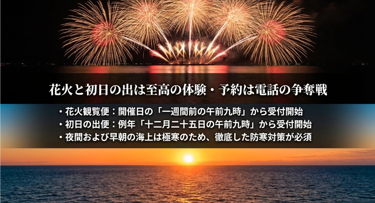花火大会1週間前、初日の出は12月25日から開始される電話予約の争奪戦についての案内。