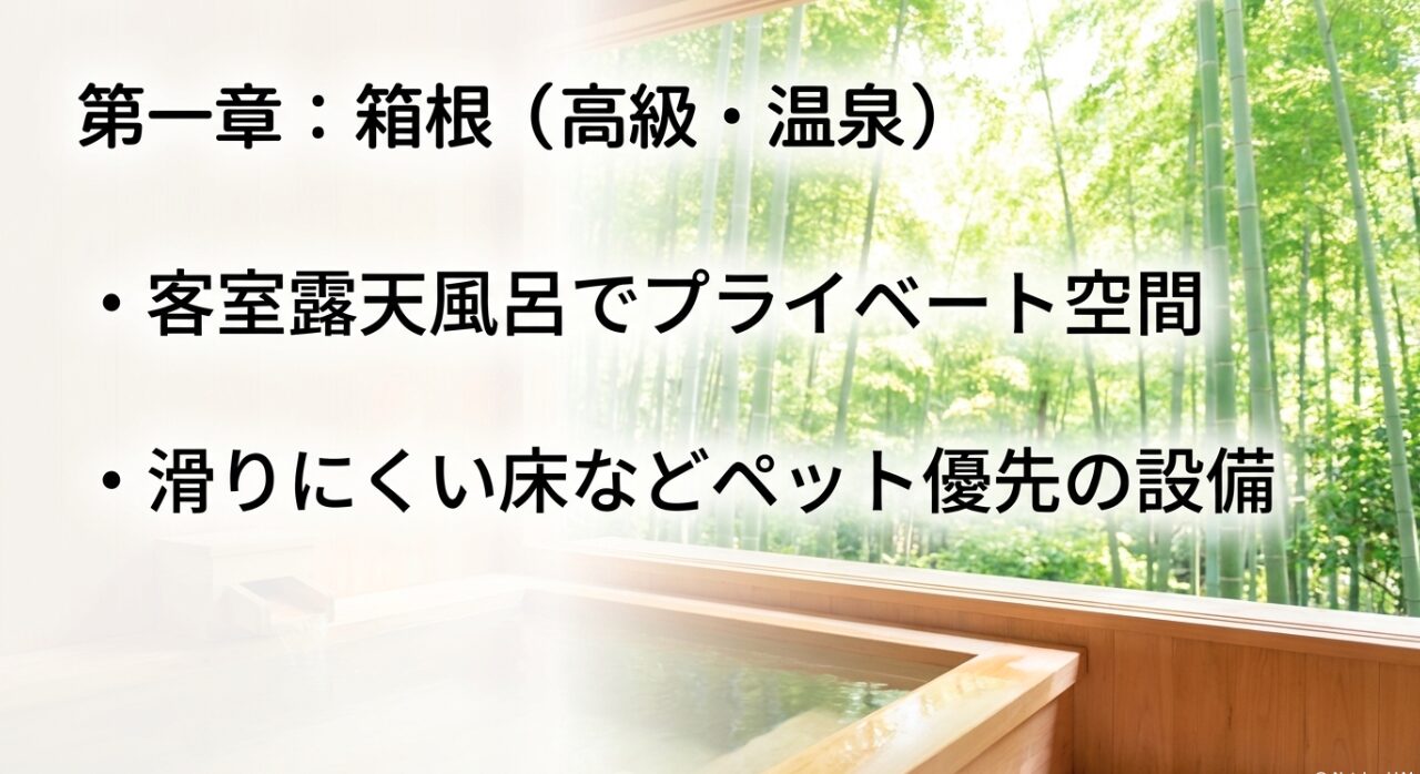 箱根エリアのペット同伴宿の特徴。客室露天風呂でのプライベート空間や、滑りにくい床などペット優先の設備について紹介。