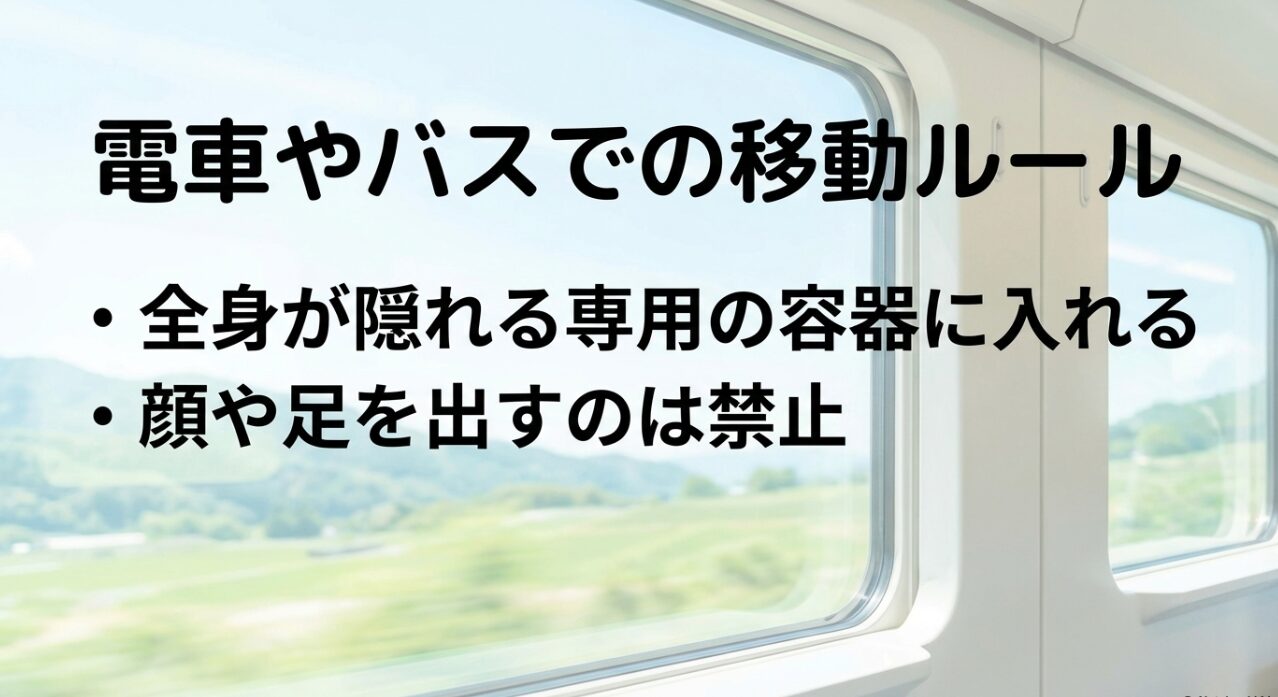 公共交通機関を利用する際のルール。全身が隠れる専用容器に入れることや、顔や足を出してはいけない禁止事項の説明