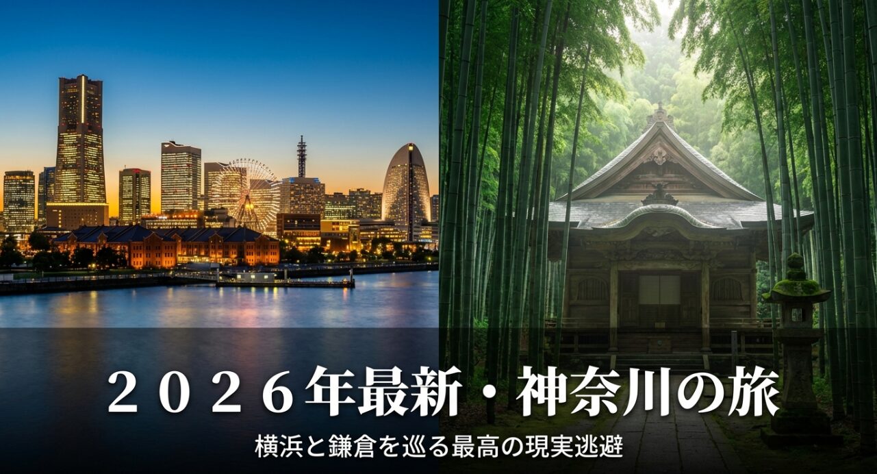 2026年最新・神奈川の旅：横浜と鎌倉を巡る最高の現実逃避」というタイトルが中央に配置された、旅の始まりを予感させるスライド。