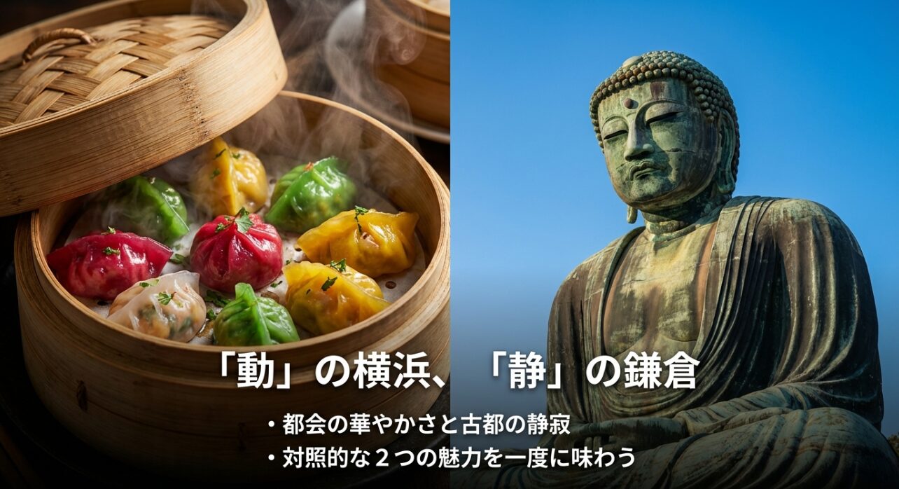 「『動』の横浜、『静』の鎌倉」という見出し。都会の華やかさと古都の静寂という対照的な2つの魅力を、一度に味わえることを説明するスライド。